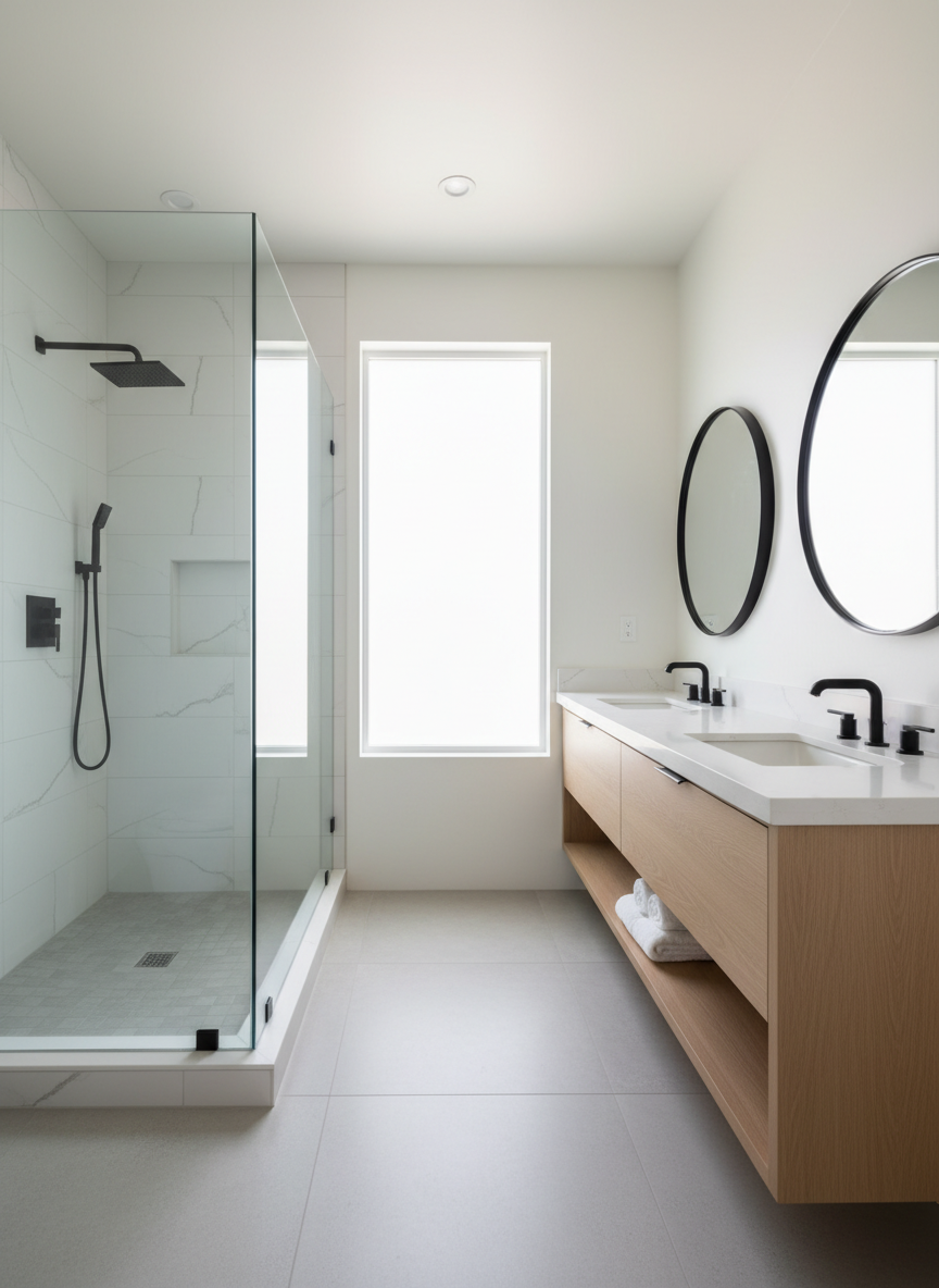 A bright, airy contemporary bathroom remodel in a Carlsbad coastal home with a frameless glass walk-in shower, floating white oak double vanity, quartz waterfall countertop, and matte black fixtures.
