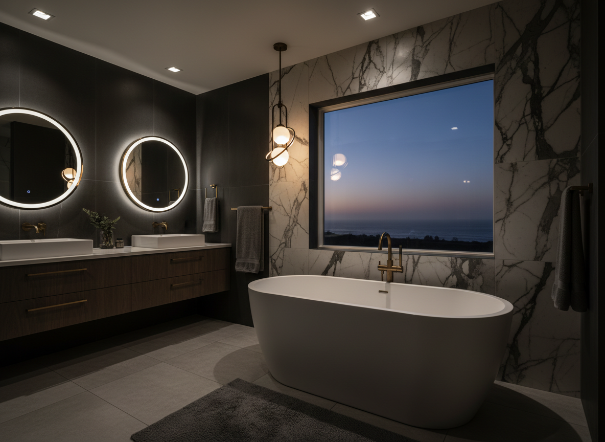 A dramatic, moody, high-end bathroom remodel in Carlsbad featuring a freestanding matte-white soaking tub against a dark charcoal marble-look tile wall with warm ambient lighting.